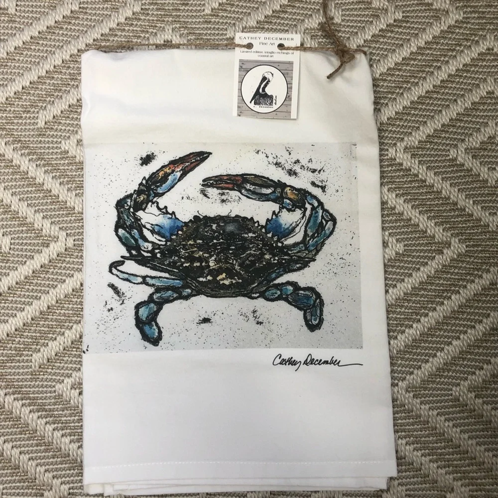 Flour Sack Kitchen Dish Towel With Crab Art Design by Cathey December Gi…